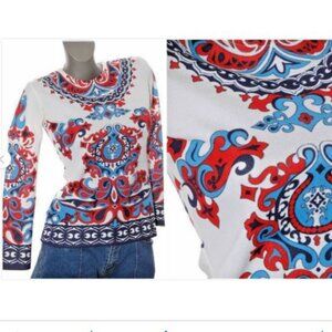 Vintage Pull Over Shirt Top Blouse Fleur de lis  60s 70s Retro GoGo Mod Size:M